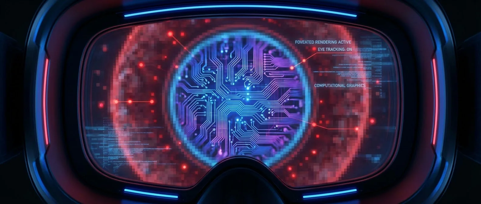 Foveated rendering diagram showing high-resolution center focus area with blurred peripheral vision zones in VR headset display
