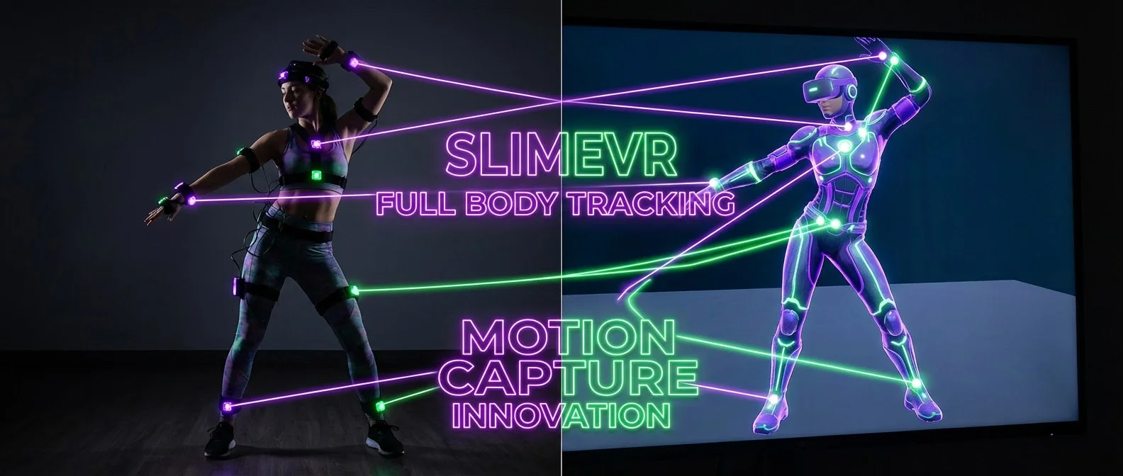 Person using full body tracking sensors for VR motion capture with avatar mirroring movements