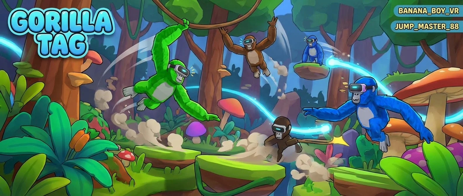 Players swinging through Gorilla Tag's forest environment using hand-only locomotion in VR