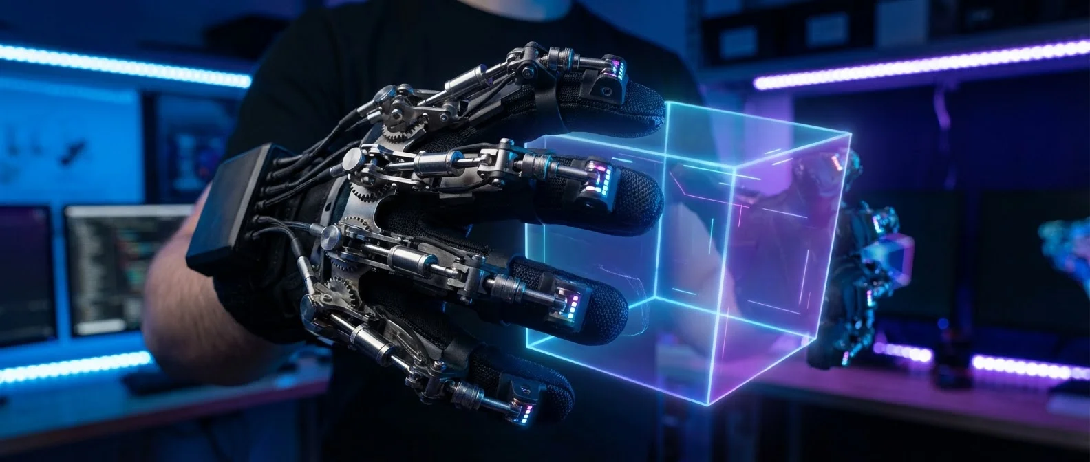 Person wearing haptic gloves demonstrating virtual object manipulation in VR environment