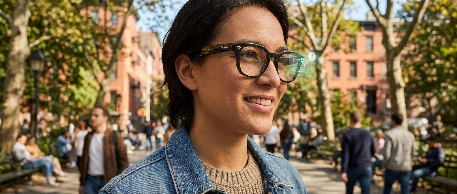 Meta Ray-Ban Display smart glasses showing monocular AR screen with Neural Band wrist controller on wooden desk