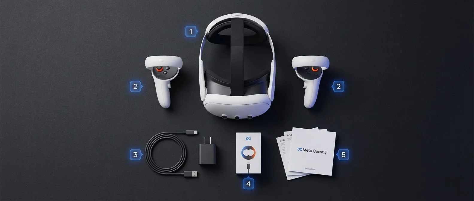 Meta Quest 3 unboxing and initial setup process with charging cable and controllers