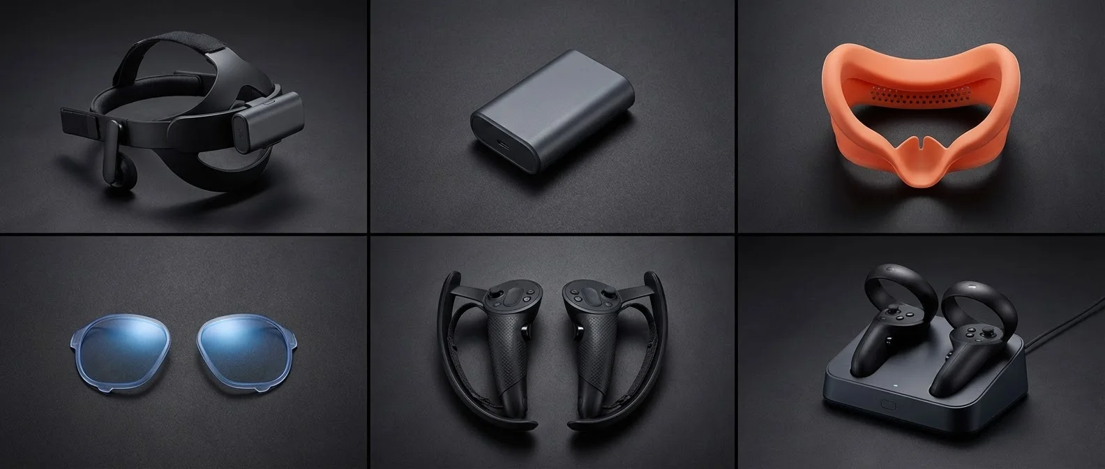 Collection of 20 essential VR accessories for Meta Quest 3 including elite straps, battery packs, and controller grips arranged on desk