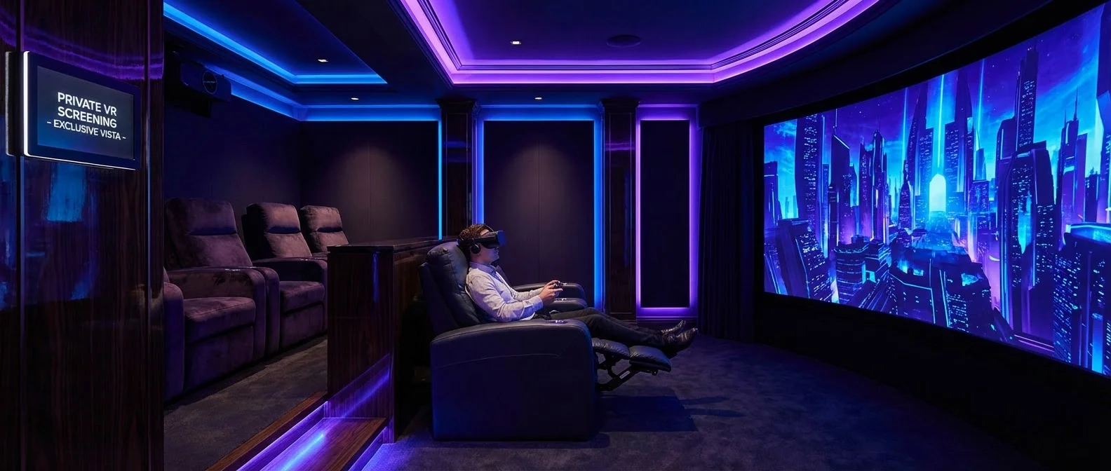 Person wearing VR headset watching movies in a massive virtual cinema theater with giant screen