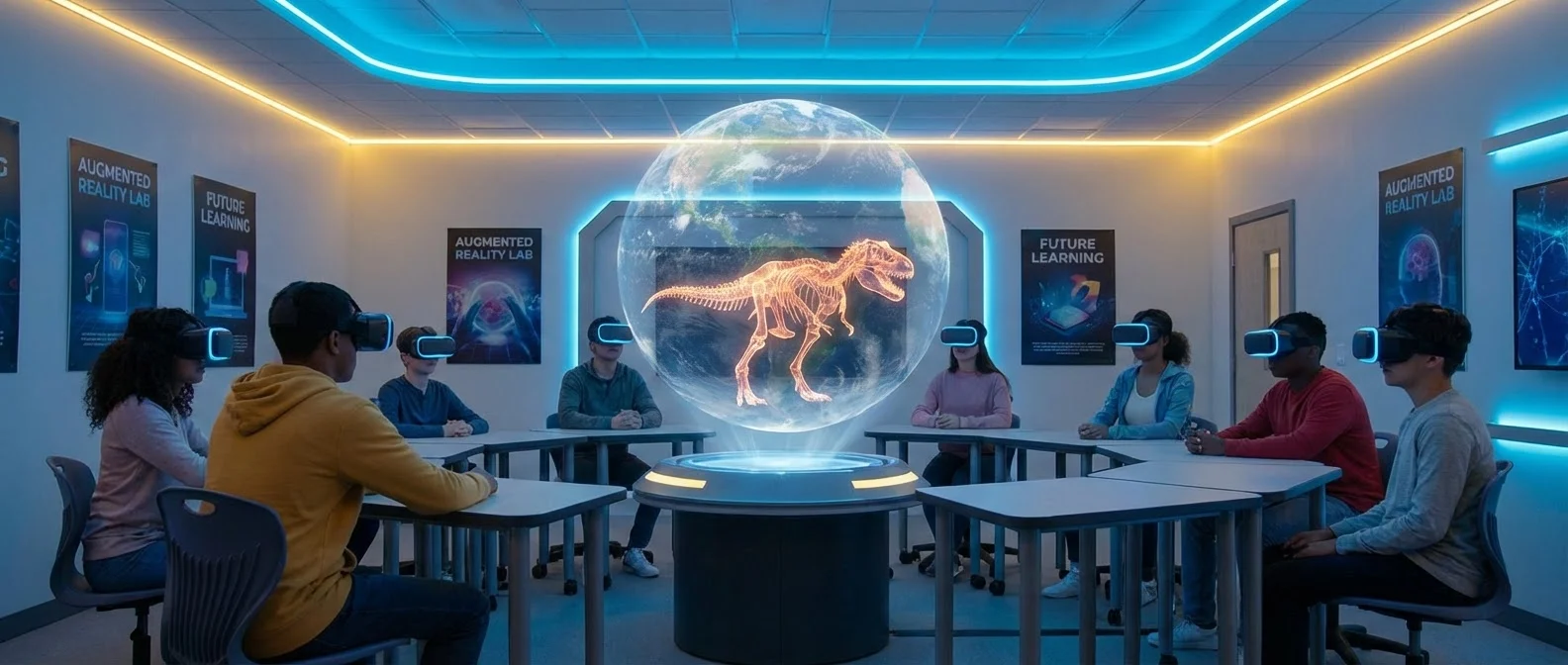 Students using VR headsets in modern classroom with virtual chemistry lab displayed