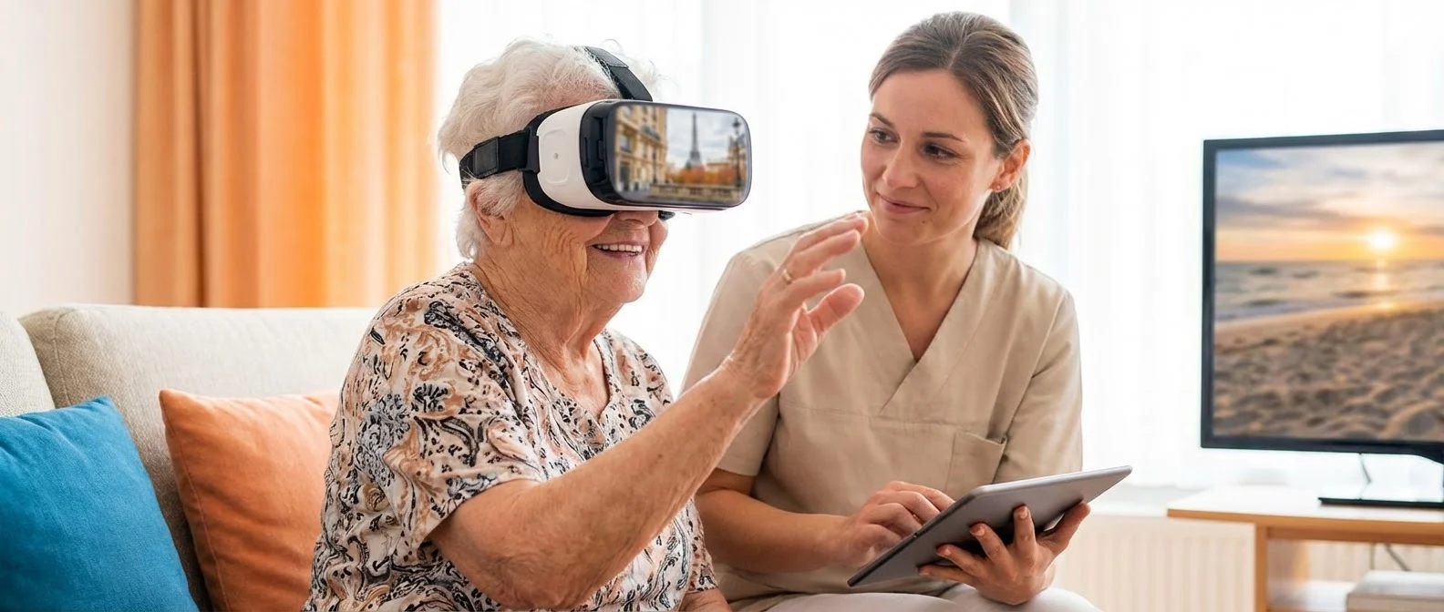 Senior woman wearing VR headset experiencing virtual travel from her living room