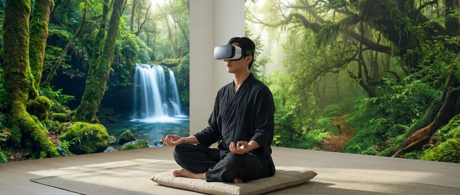 Person wearing VR headset meditating in virtual forest environment with ambient lighting