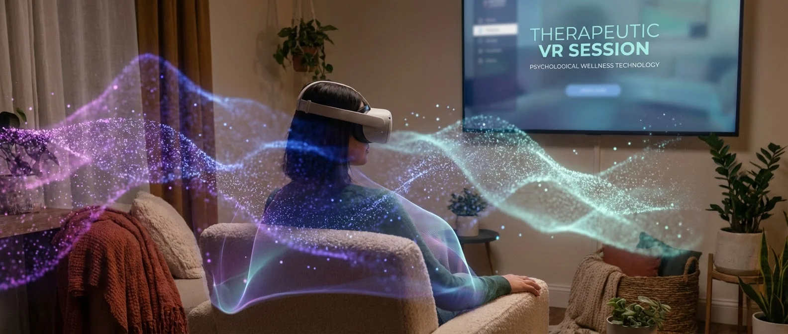 Patient using VR headset for PTSD exposure therapy treatment session