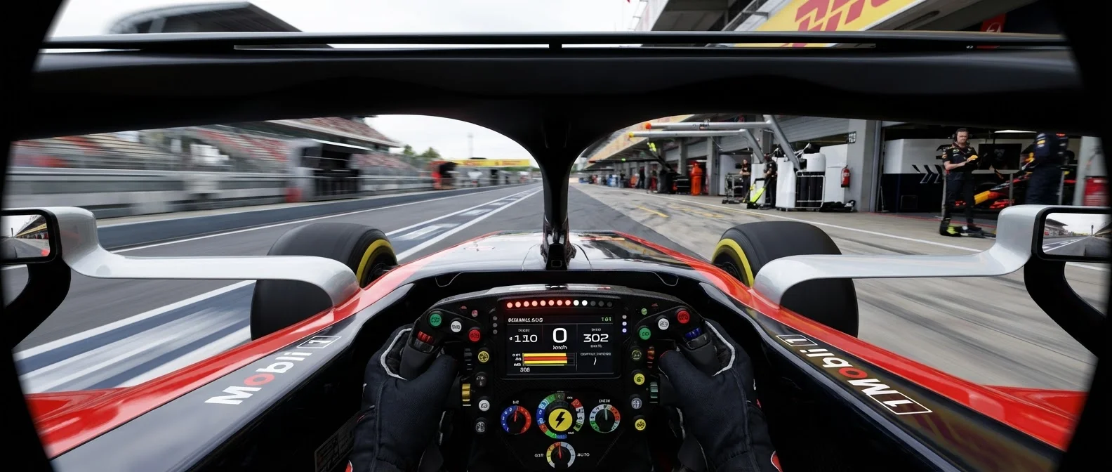 VR racing cockpit view showing Gran Turismo 7 gameplay on PSVR2 with racing wheel setup