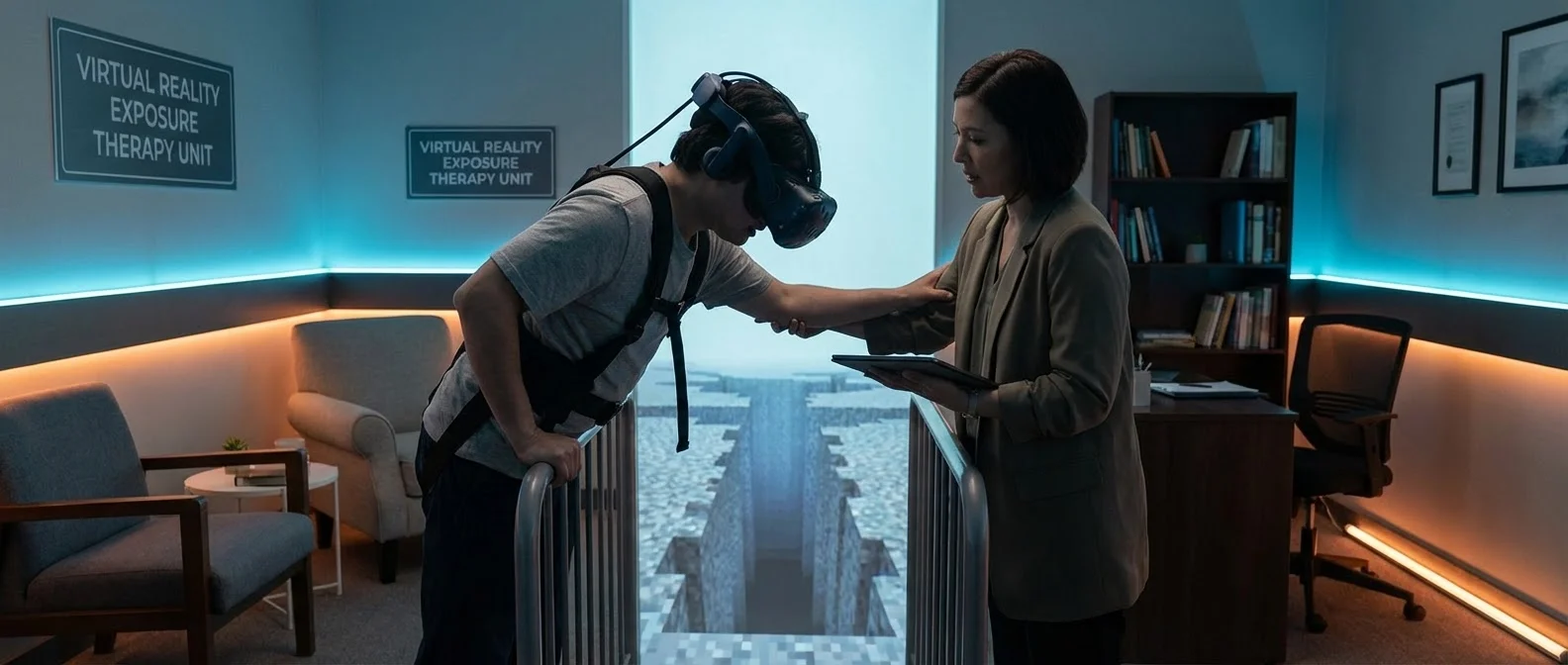 Patient wearing VR headset during exposure therapy session with therapist monitoring progress