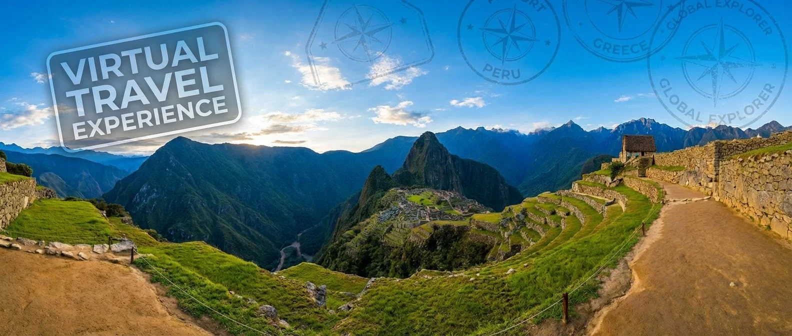 Person wearing VR headset exploring virtual Machu Picchu with realistic mountain scenery