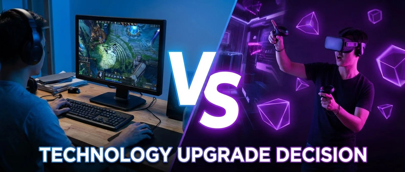 Side-by-side comparison of VR headset user and traditional monitor gamer showing immersion differences