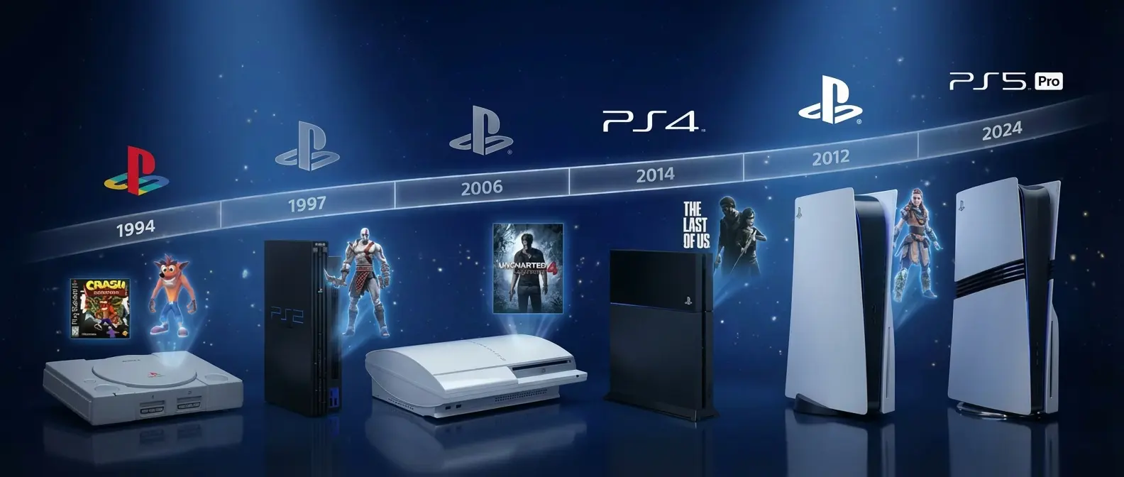 PlayStation 30-year timeline showing all console generations from 1994 to 2024