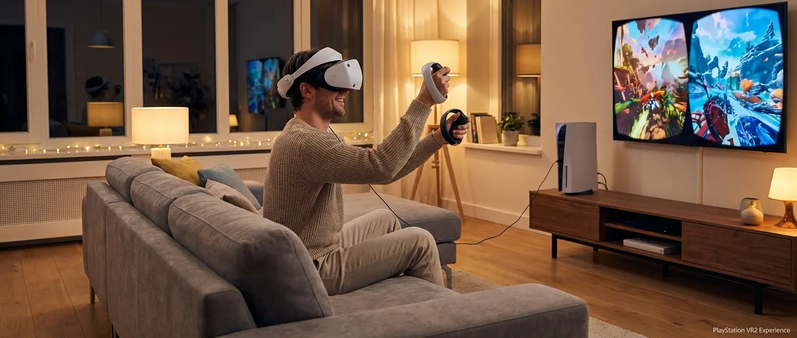 PSVR2 gaming setup in modern living room with PlayStation 5 console