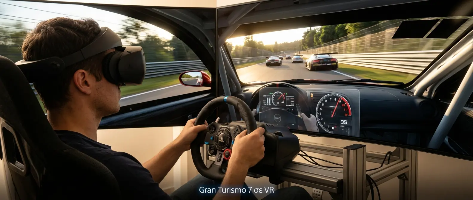 Gran Turismo 7 VR mode racing simulation with realistic cockpit view