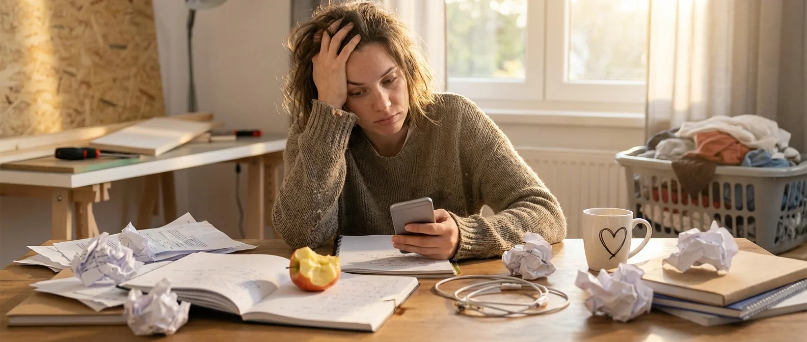 Adult struggling with focus and organization showing classic ADHD symptoms in workplace setting
