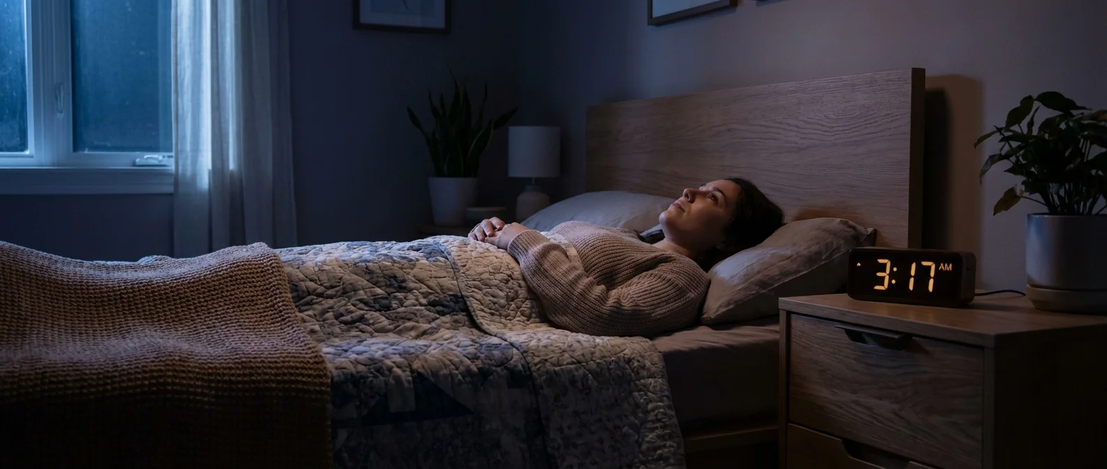 Person lying awake in bed at 3 AM checking phone, illustrating the insomnia-anxiety cycle that affects millions worldwide