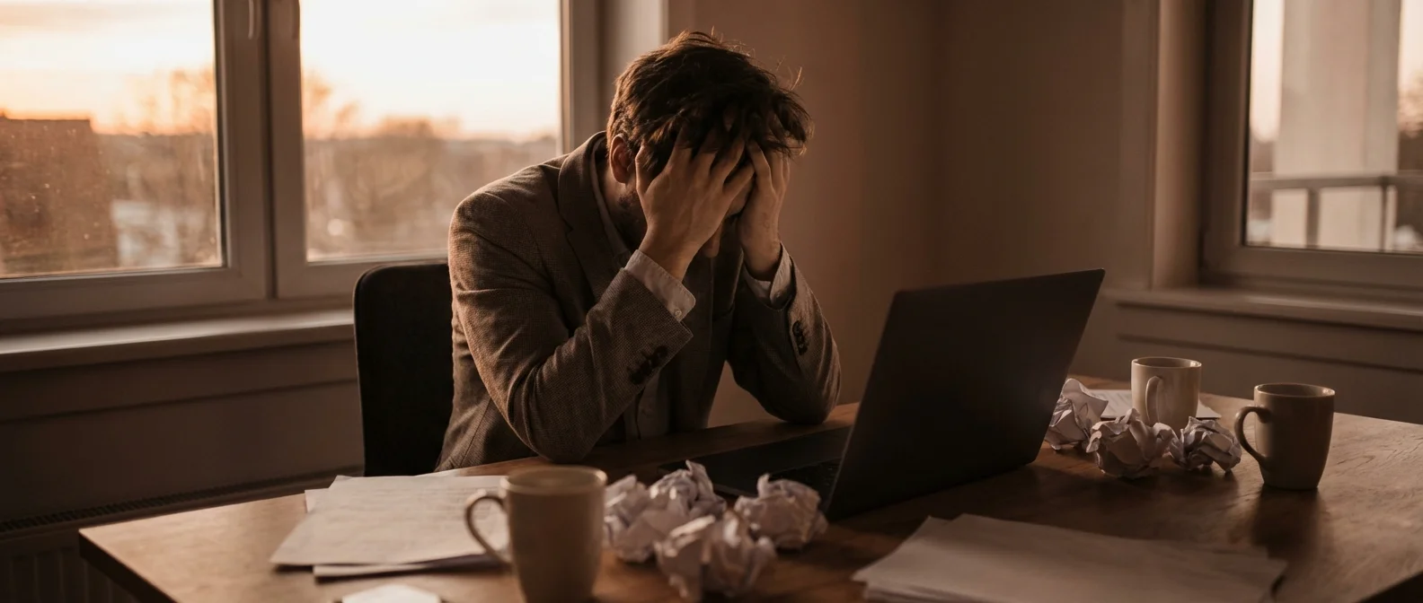 Exhausted professional showing classic burnout symptoms at workplace desk