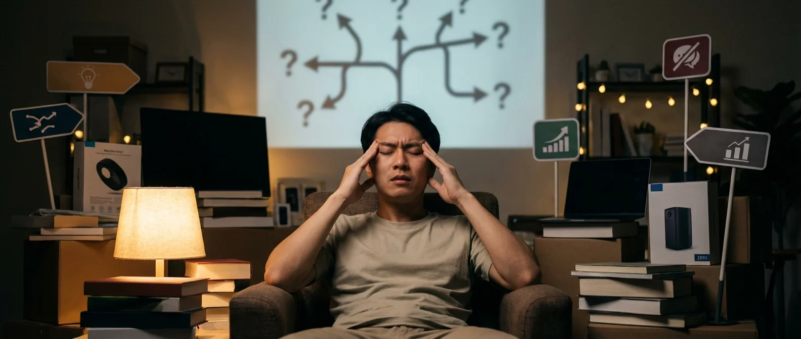 Brain illustration showing decision fatigue and mental exhaustion from daily choices