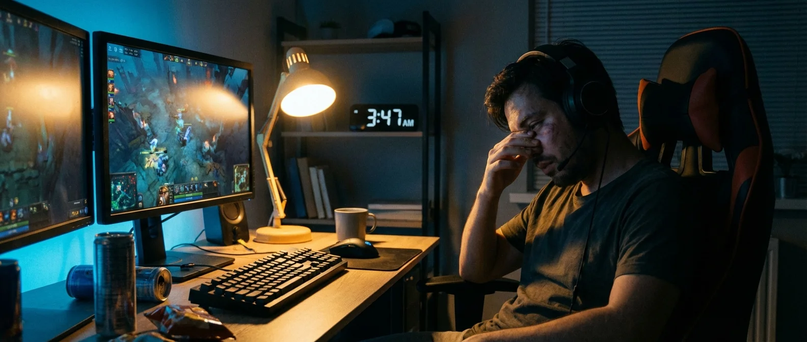 Person playing video games late at night showing signs of gaming addiction and compulsive behavior