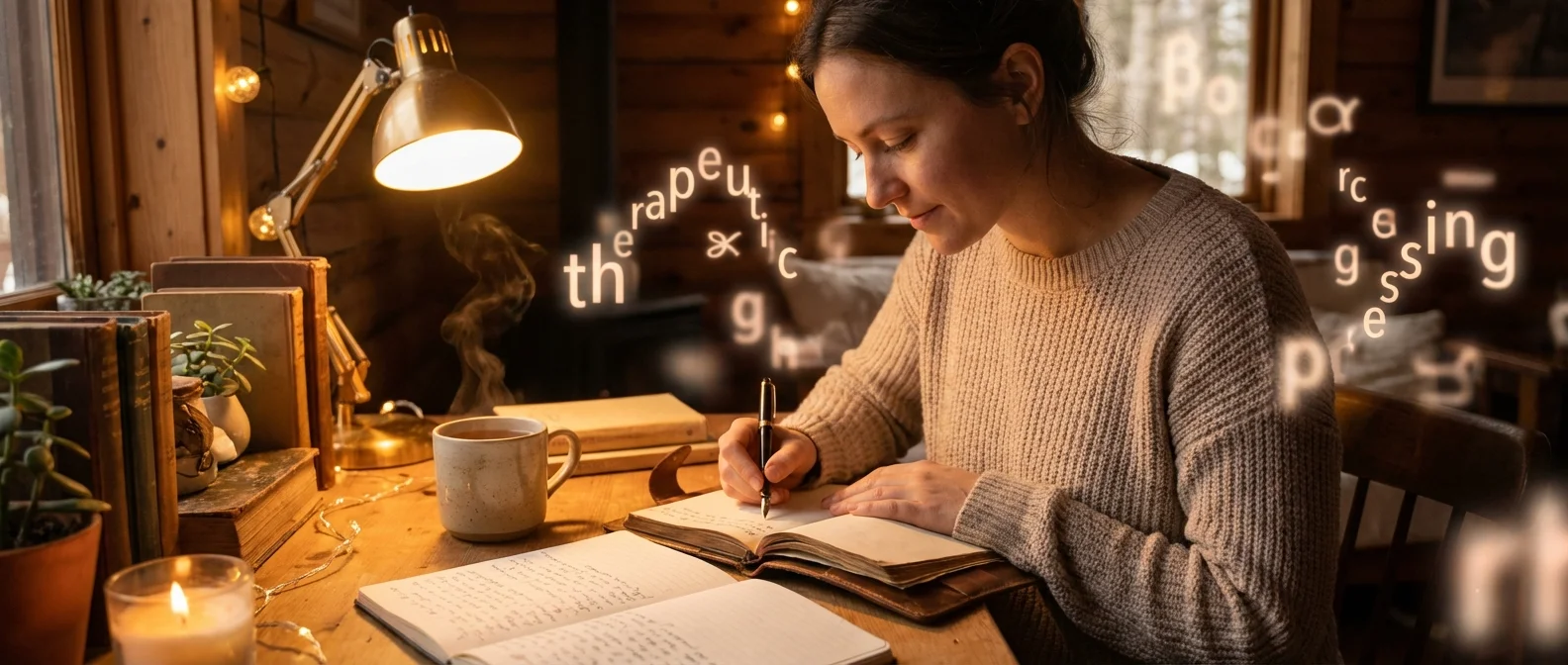 Person writing in journal with coffee cup, demonstrating therapeutic journaling practice for mental health improvement