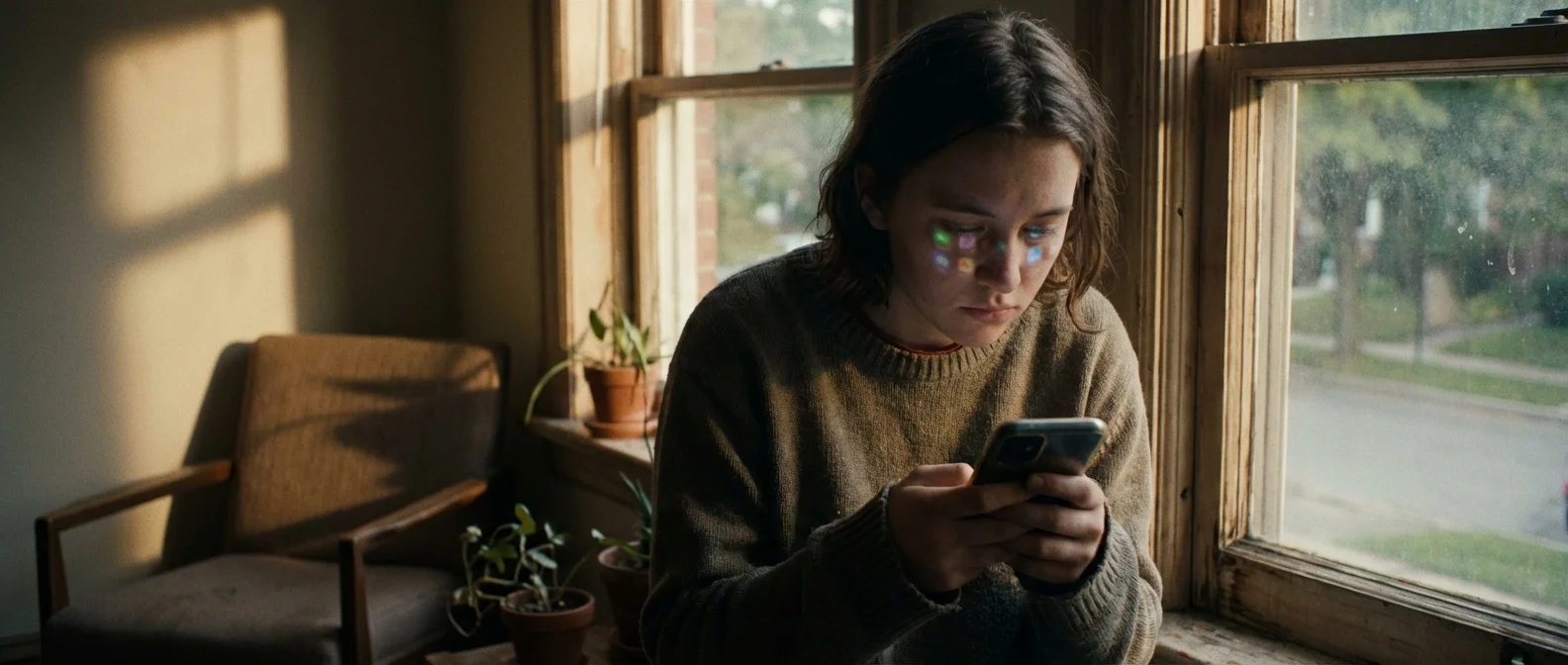 Νέα κοπέλα κοιτάζει smartphone με έκφραση λύπης, δίπλα στατιστικά για social media και κατάθλιψη