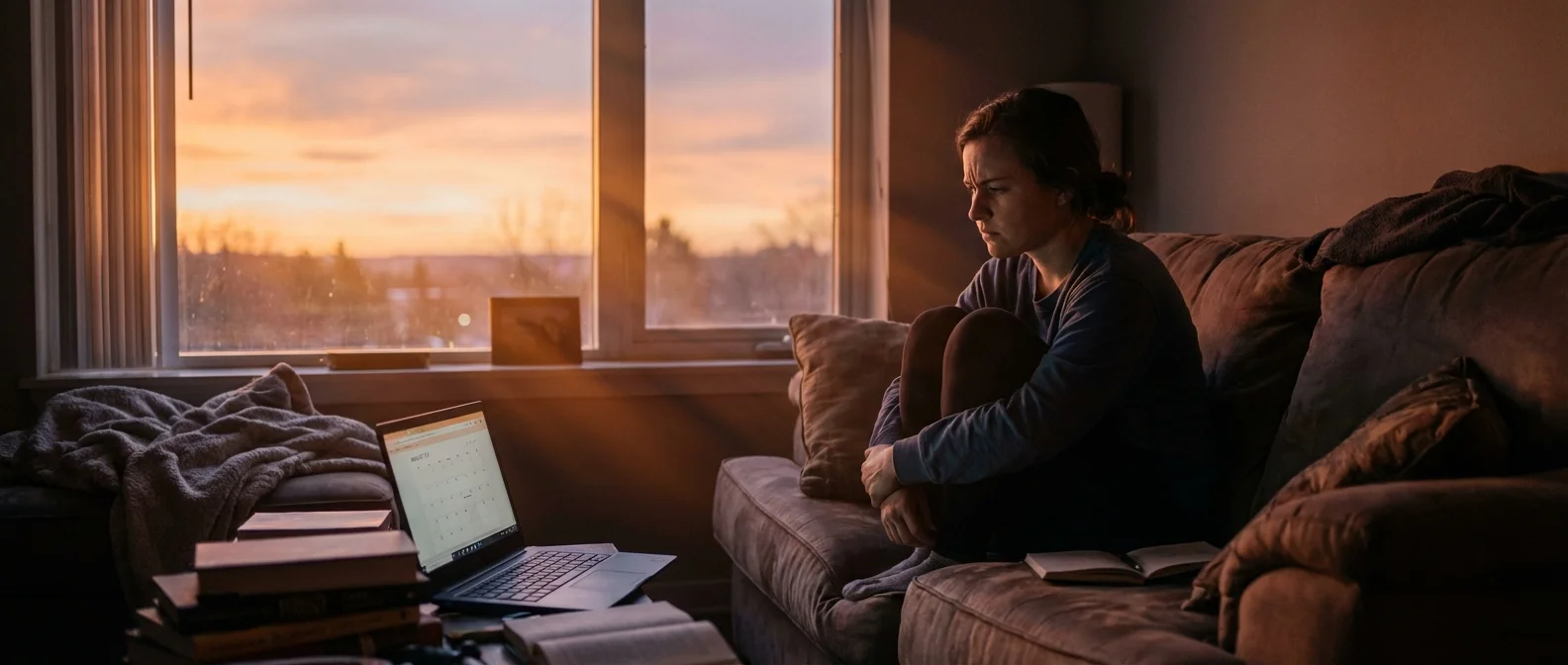 Γυναίκα που νιώθει άγχος το κυριακάτικο βράδυ καθισμένη στον καναπέ με laptop