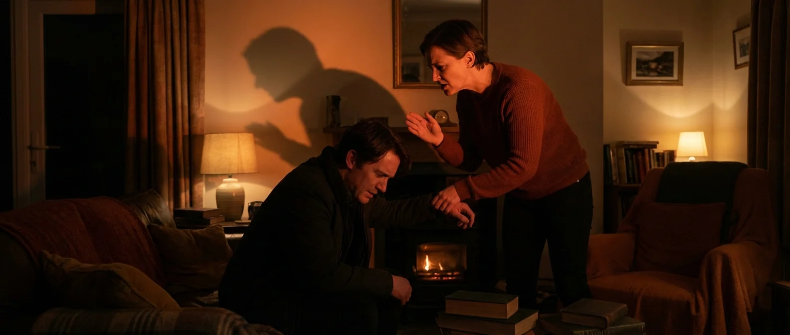 Person sitting alone looking distressed while partner controls their phone and social connections in a toxic relationship