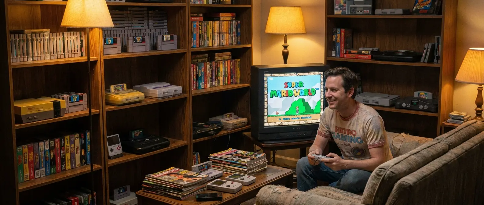 Nostalgic retro gaming setup with vintage NES, SNES, Sega Genesis, PS1, N64 consoles displayed on wooden shelf with CRT television