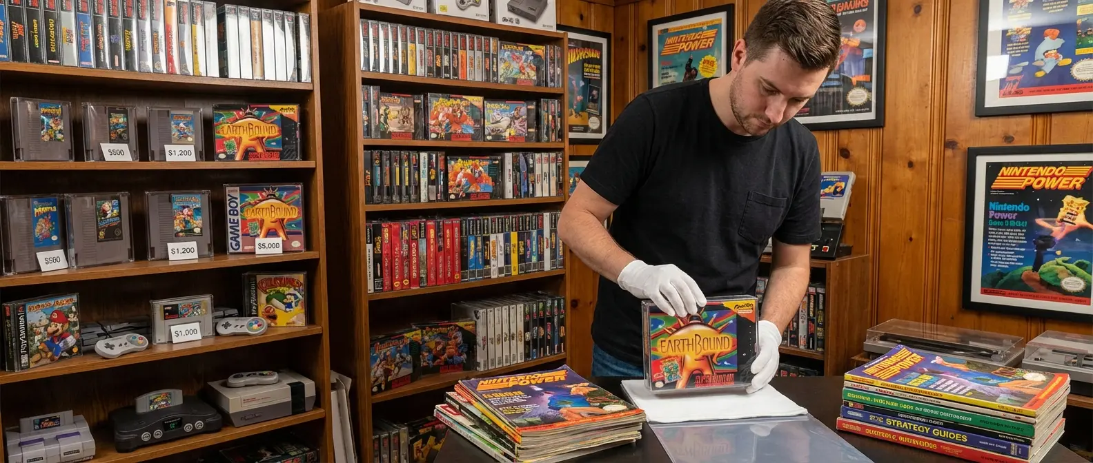 Retro game collecting display with mint condition boxed games, rare cartridges, vintage gaming magazines and strategy guides on shelves