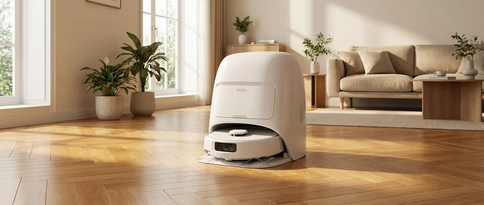 DJI Romo robot vacuum with transparent design showing internal components and drone-grade sensors