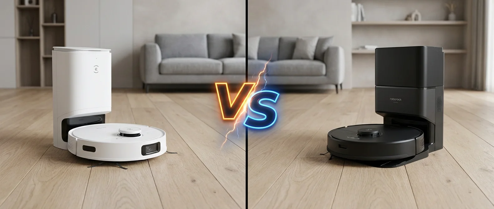 Side-by-side comparison of Ecovacs Deebot and Roborock vacuum robots showing design differences and key features