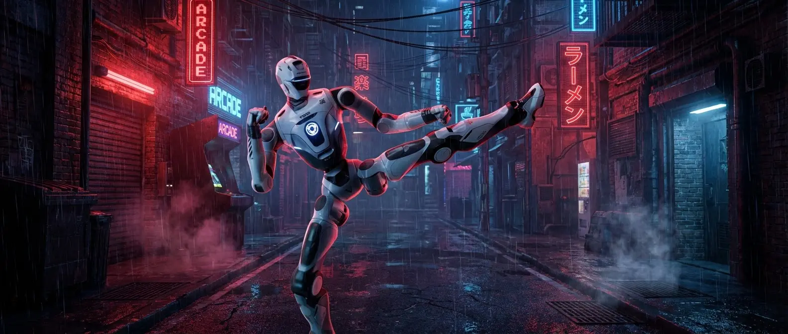 EngineAI T800 humanoid robot performing martial arts kick demonstration on CEO Zhao Tongyang