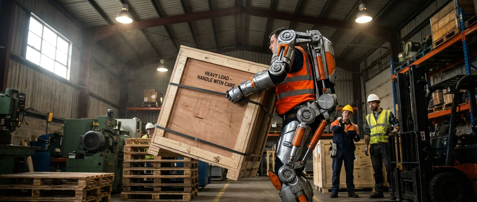 Industrial worker wearing powered exoskeleton lifting heavy machinery in manufacturing facility