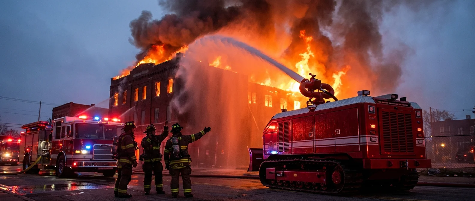Firefighting robots including Colossus and Thermite RS3 operating in dangerous fire zones where human firefighters cannot safely enter