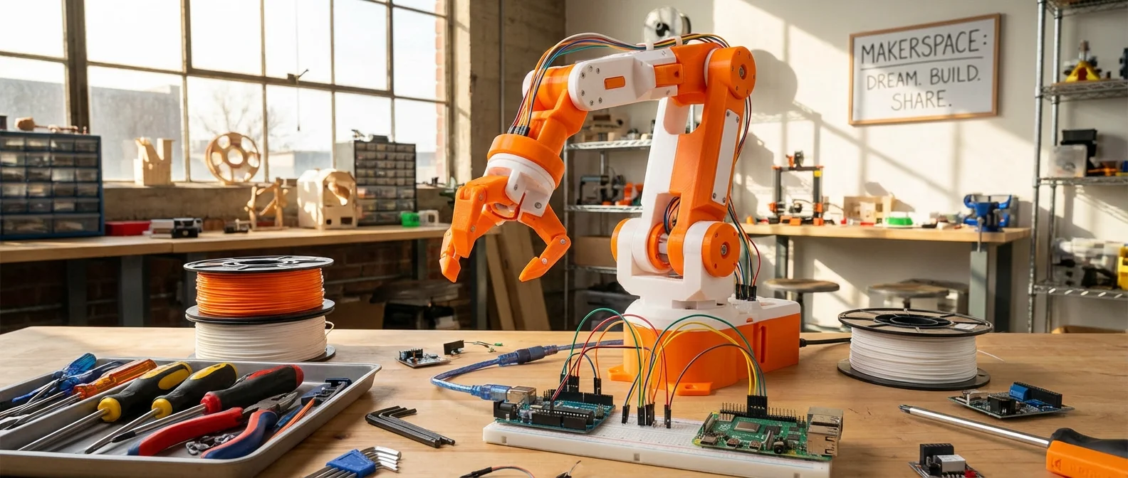 Hugging Face's SO-100 DIY robot arm with 3D-printed parts and servo motors assembled on workbench