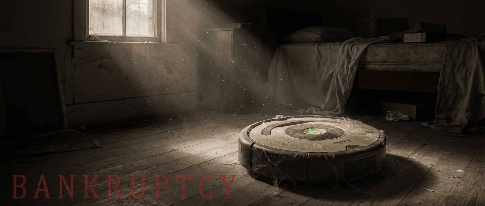 iRobot headquarters with bankruptcy filing documents showing the fall of the Roomba maker after 35 years of innovation