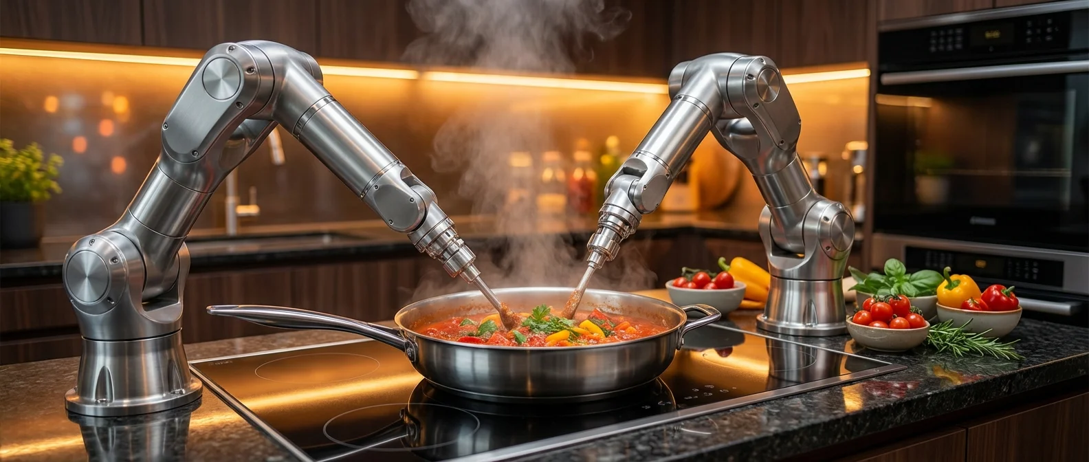 Moley Robotics robotic kitchen arms preparing gourmet meal with precision cooking movements