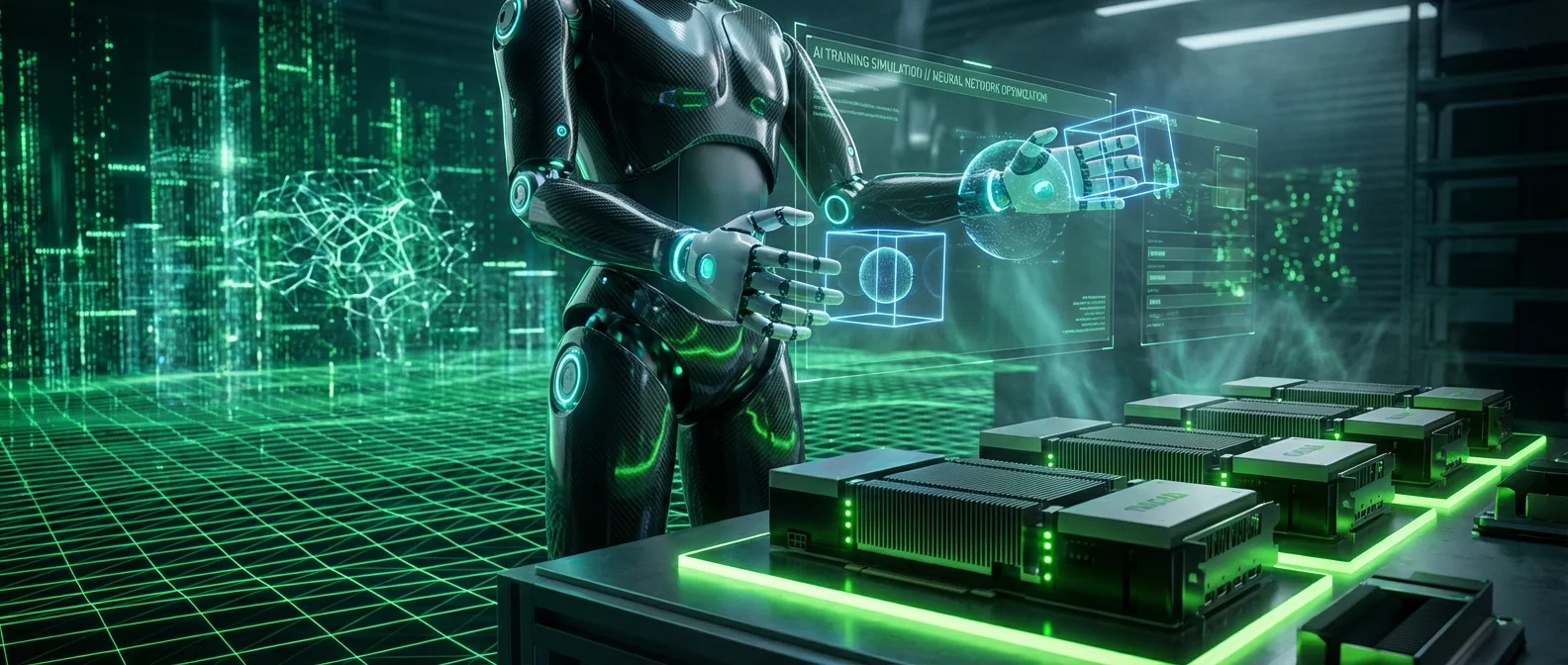 NVIDIA Physical AI ecosystem showing Isaac, Cosmos, and GR00T platforms training robots in virtual simulation environments