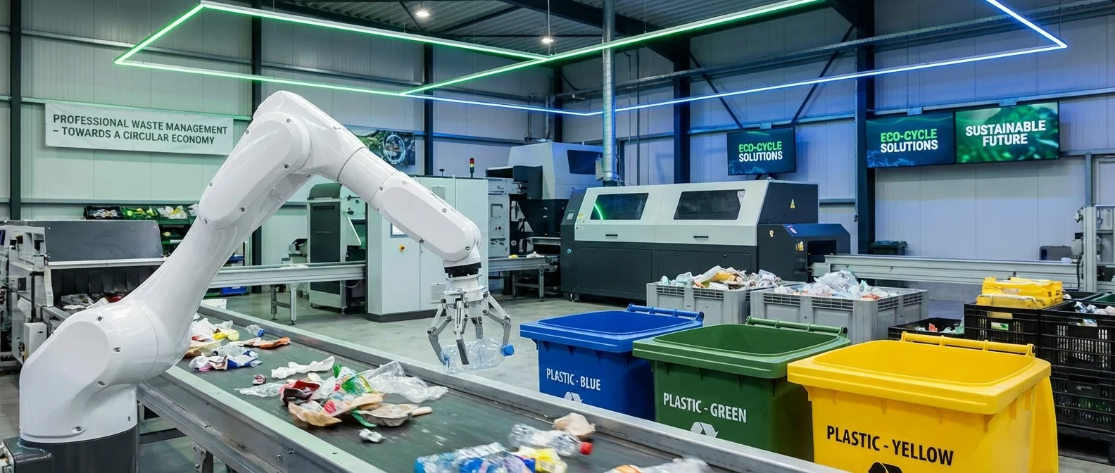 AI recycling robot with mechanical arms sorting waste materials on conveyor belt in modern facility