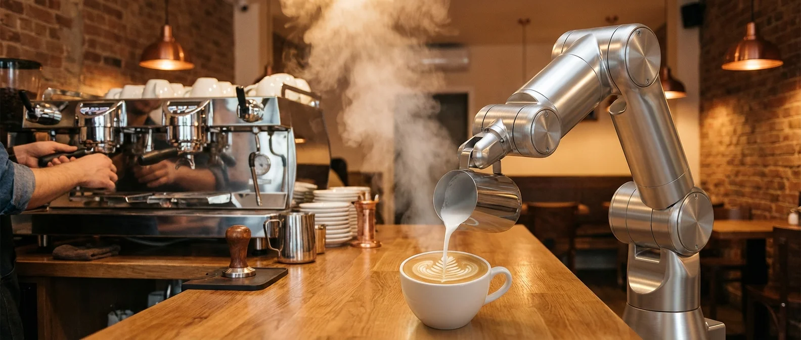 Robotic arm brewing specialty coffee with precision automation in modern cafe setting