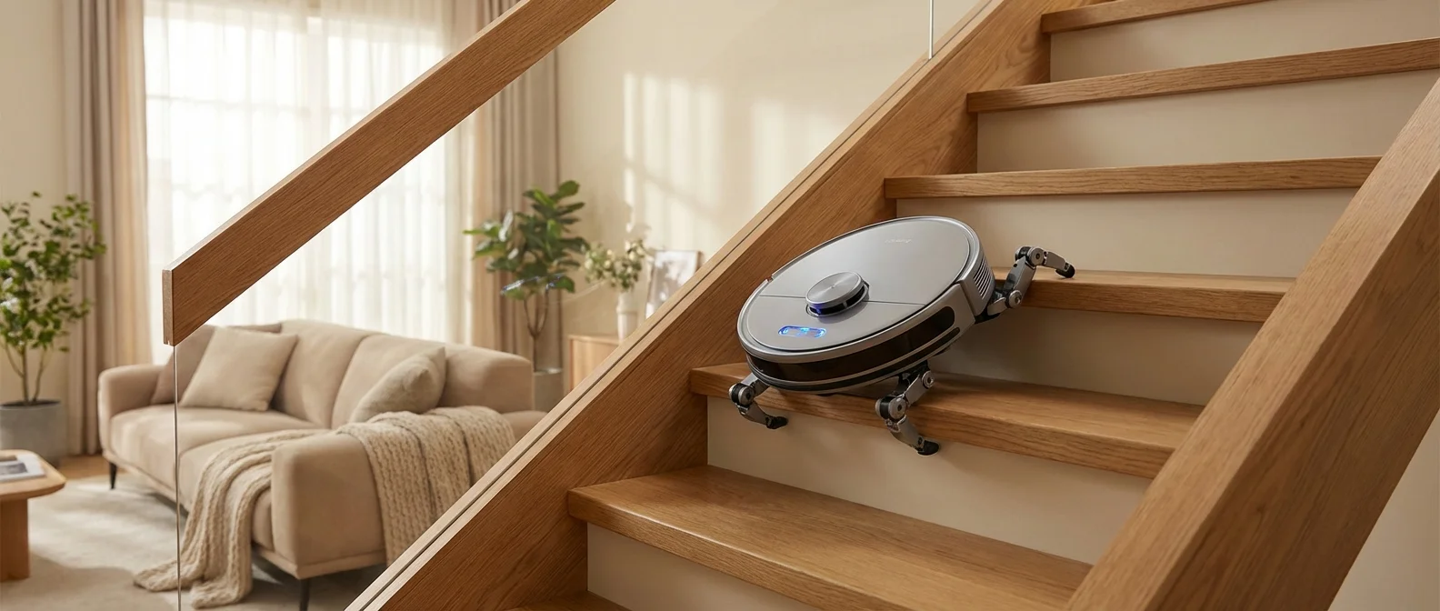 Roborock Saros Rover robot vacuum climbing stairs with extendable robotic arms