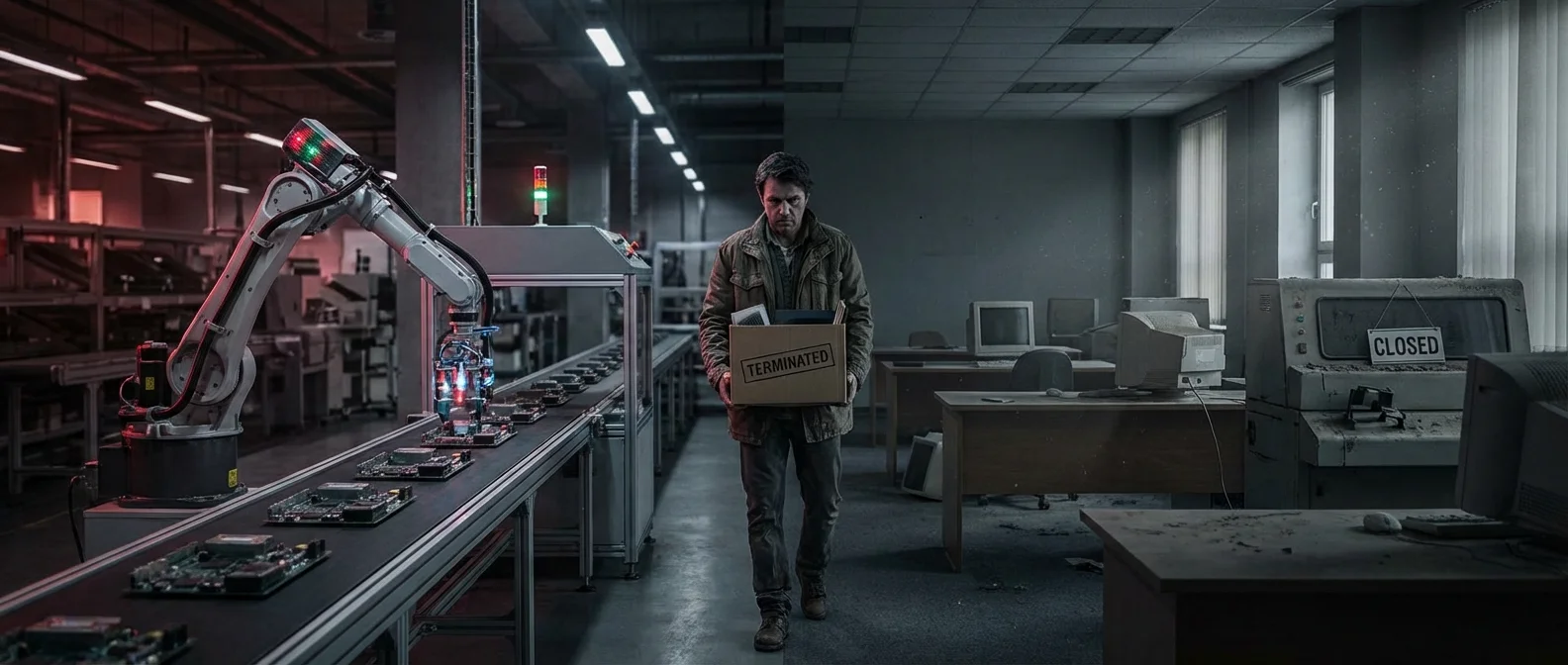 Industrial robots working in automated factory replacing human jobs by 2030