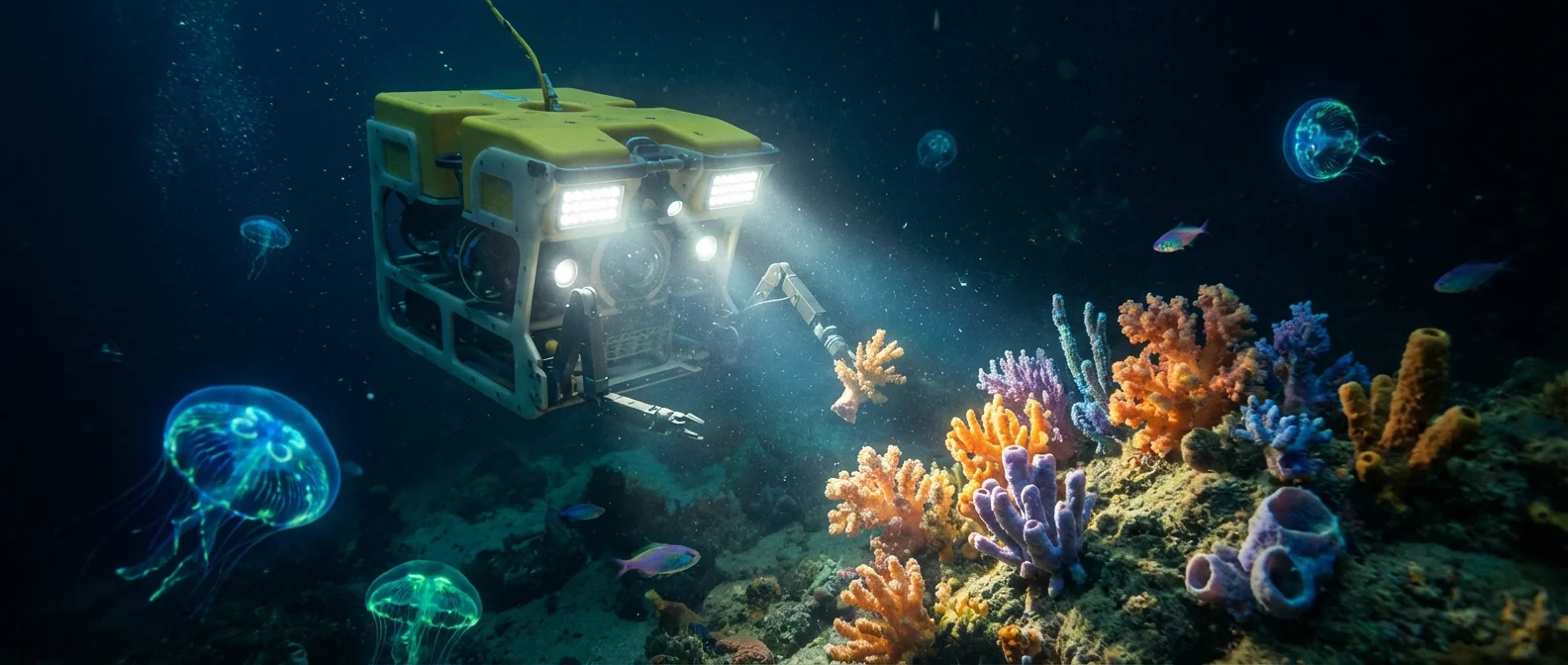 Advanced underwater ROV robot exploring the deep ocean floor with illuminated cameras and robotic arms