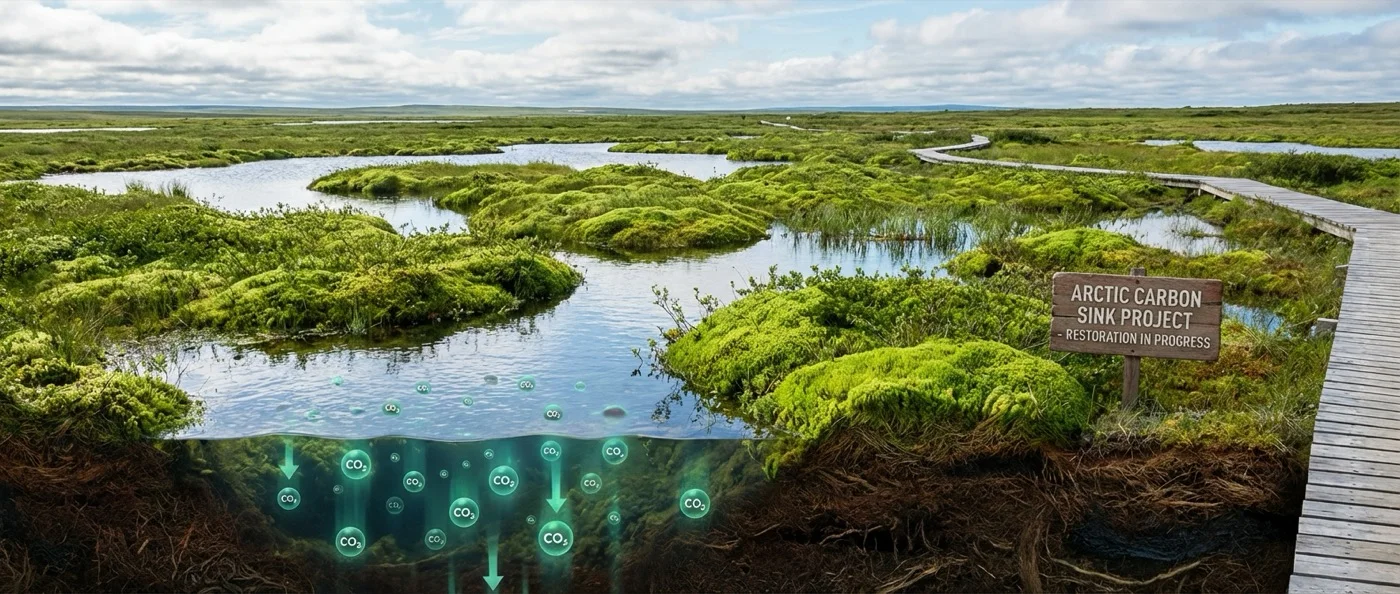 Arctic peatland farmland showing rewetting process for carbon sequestration