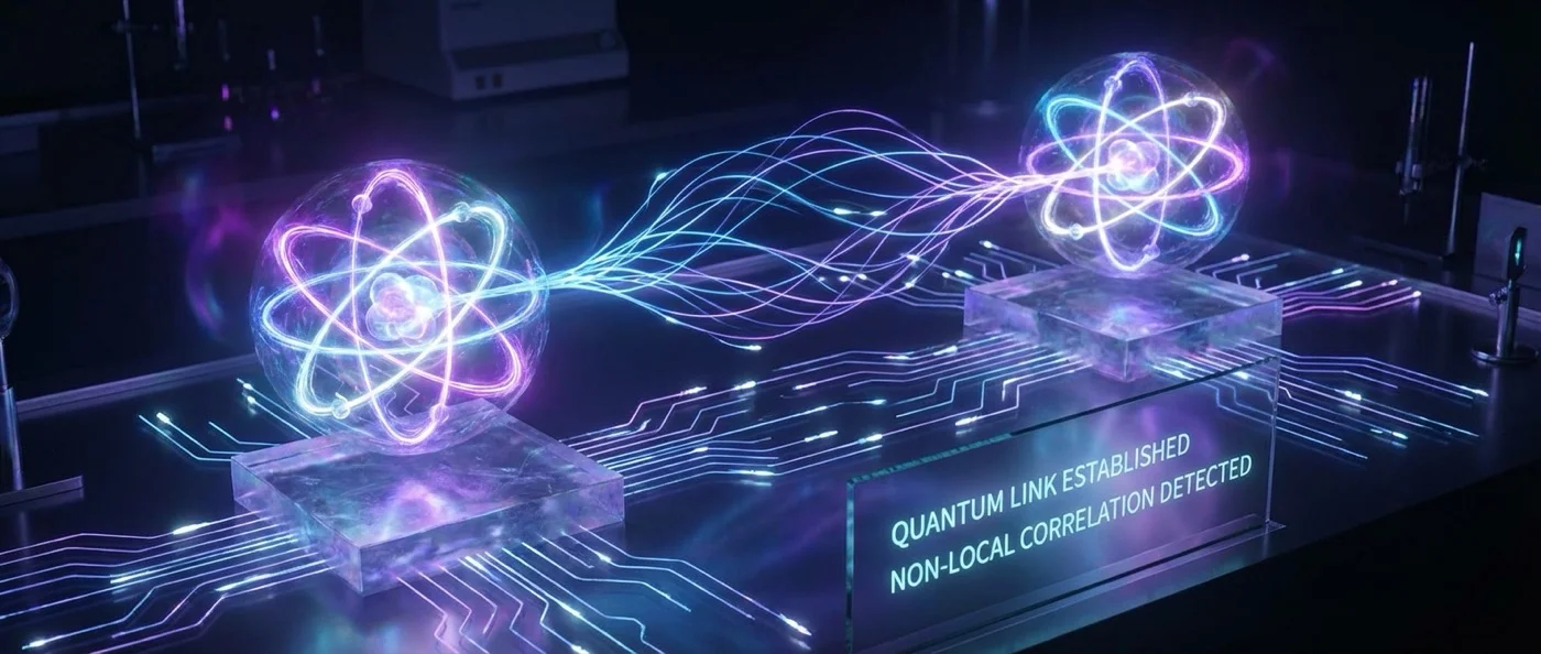 Quantum entanglement visualization showing atom-photon connection with 99.9% fidelity measurement in laboratory setting