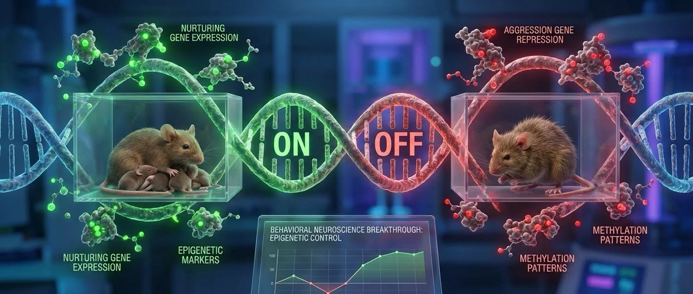 Male mouse displaying paternal care behavior with pups in laboratory setting