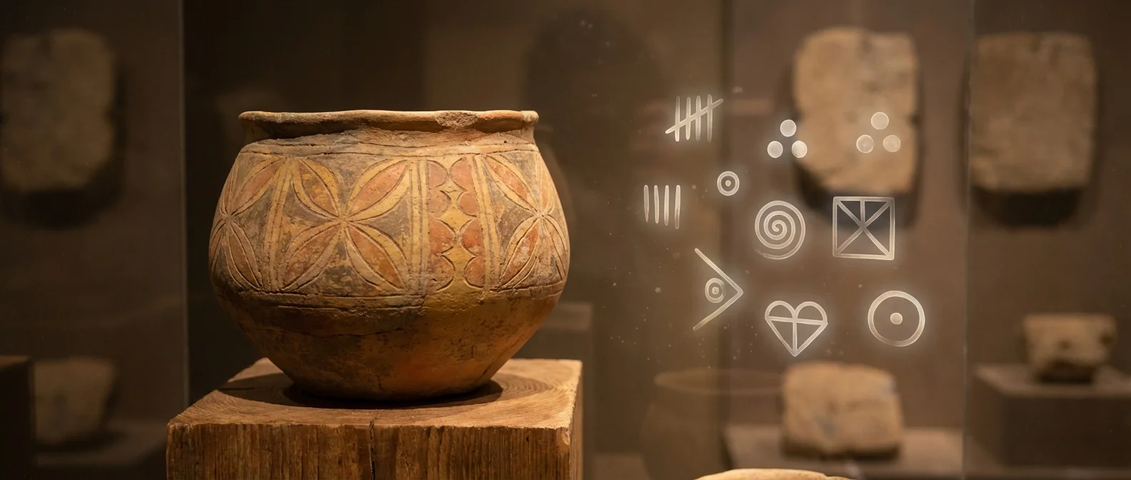 Ancient Mesopotamian pottery with geometric flower patterns showing mathematical sequences from 8,000 years ago