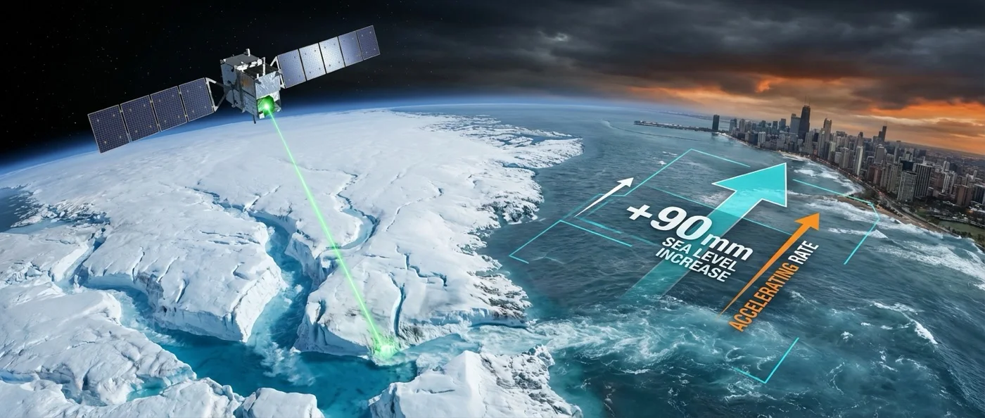 Satellite laser ranging technology measuring sea level rise from space, showing precise laser beams targeting ocean surface