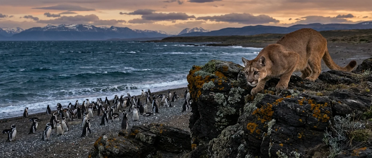 Puma hunting Magellanic penguins on Patagonian coastline showing predator-prey interaction